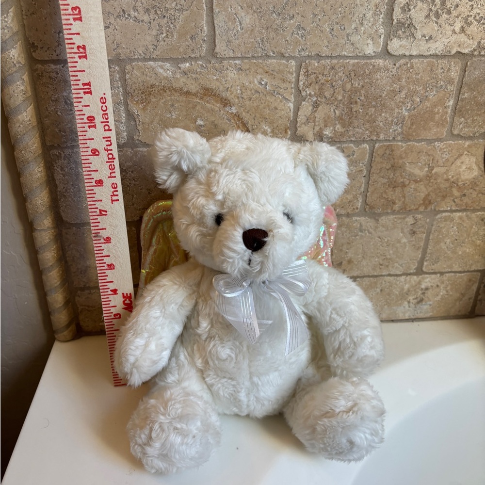 White Plush Teddy Bear with Bow and Angel Wings Vintage Toy Stuffed Animal - Picture 6 of 6